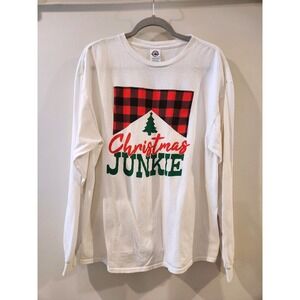 Christmas Junkie‎ T Shirt Adult Size XL 100% Cotton White Long Sleeve